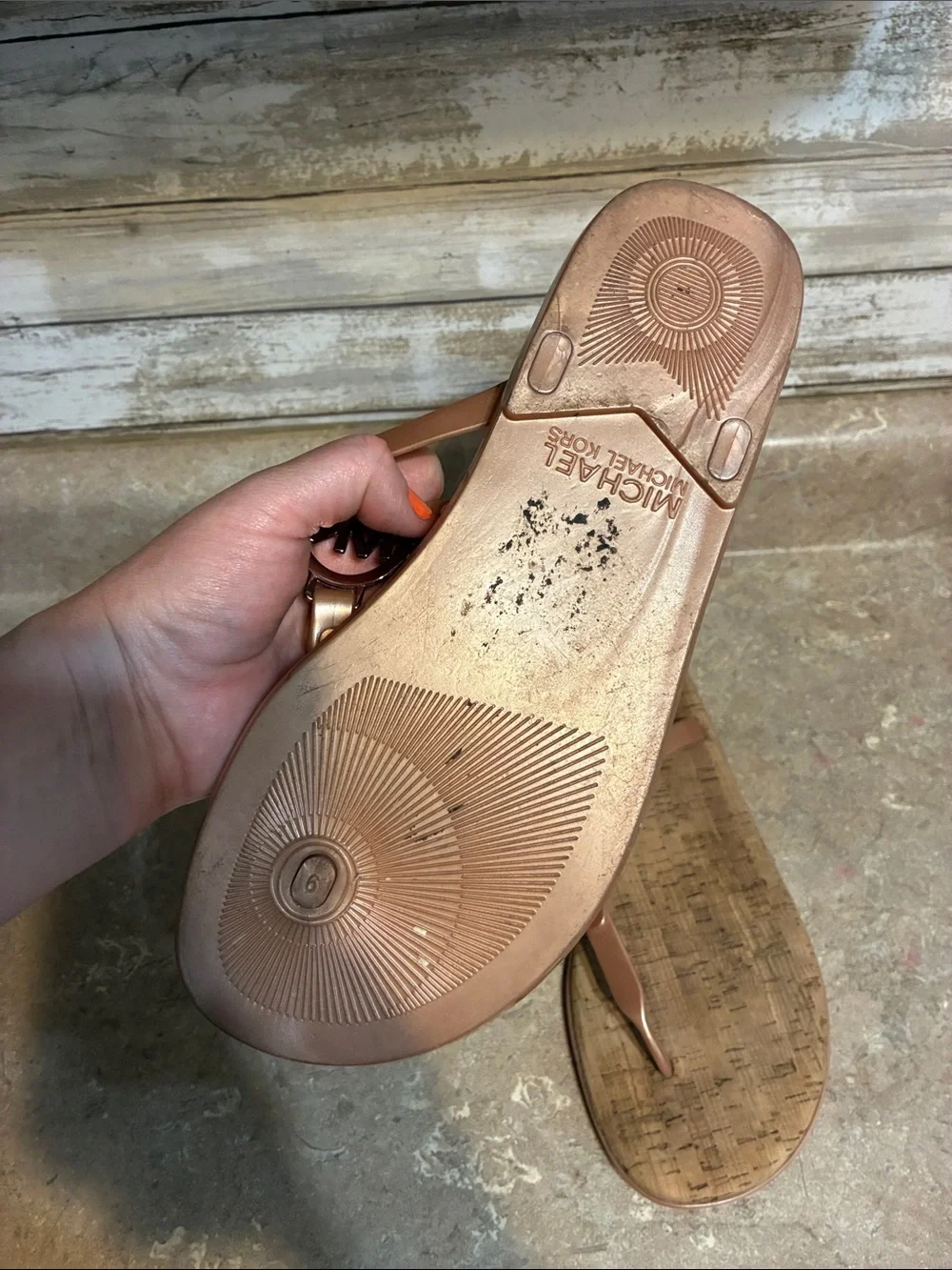 Michael Kors Rose Gold Logo Thong Sandals Jelly and Cork Size 9